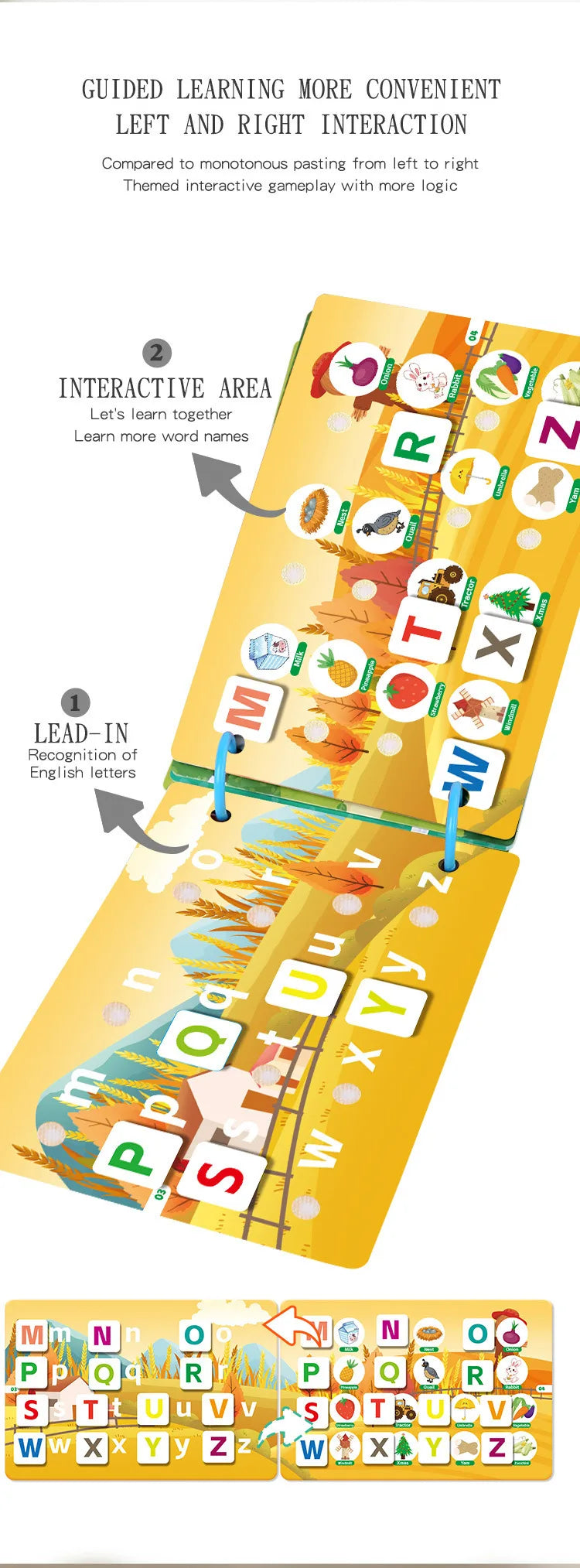 A yellow learning board showing letters and words, designed for guided learning and left and right interaction.