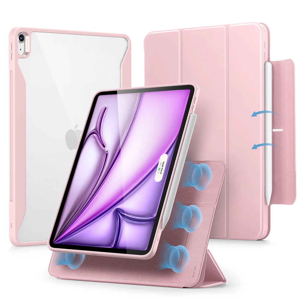 A pink magnetic folio case for an iPad Air showing the tablet and its protective cover.