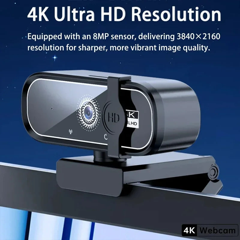 Eine schwarze 4K Ultra HD Webcam mit einem 8-MP-Sensor, montiert auf einer horizontalen Oberfläche.