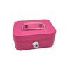 A pink metal key lock cash box with a sliding latch and a cylindrical lock mechanism.