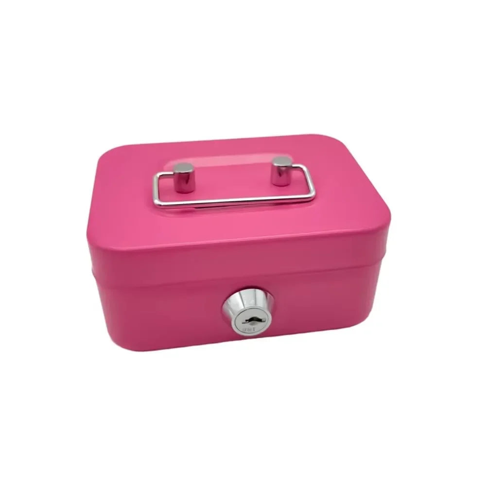 A pink metal key lock cash box with a sliding latch and a cylindrical lock mechanism.