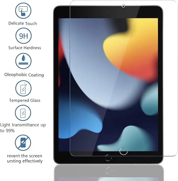 A product image showing a tempered glass screen protector for an iPad, highlighting features like delicate touch and surface 