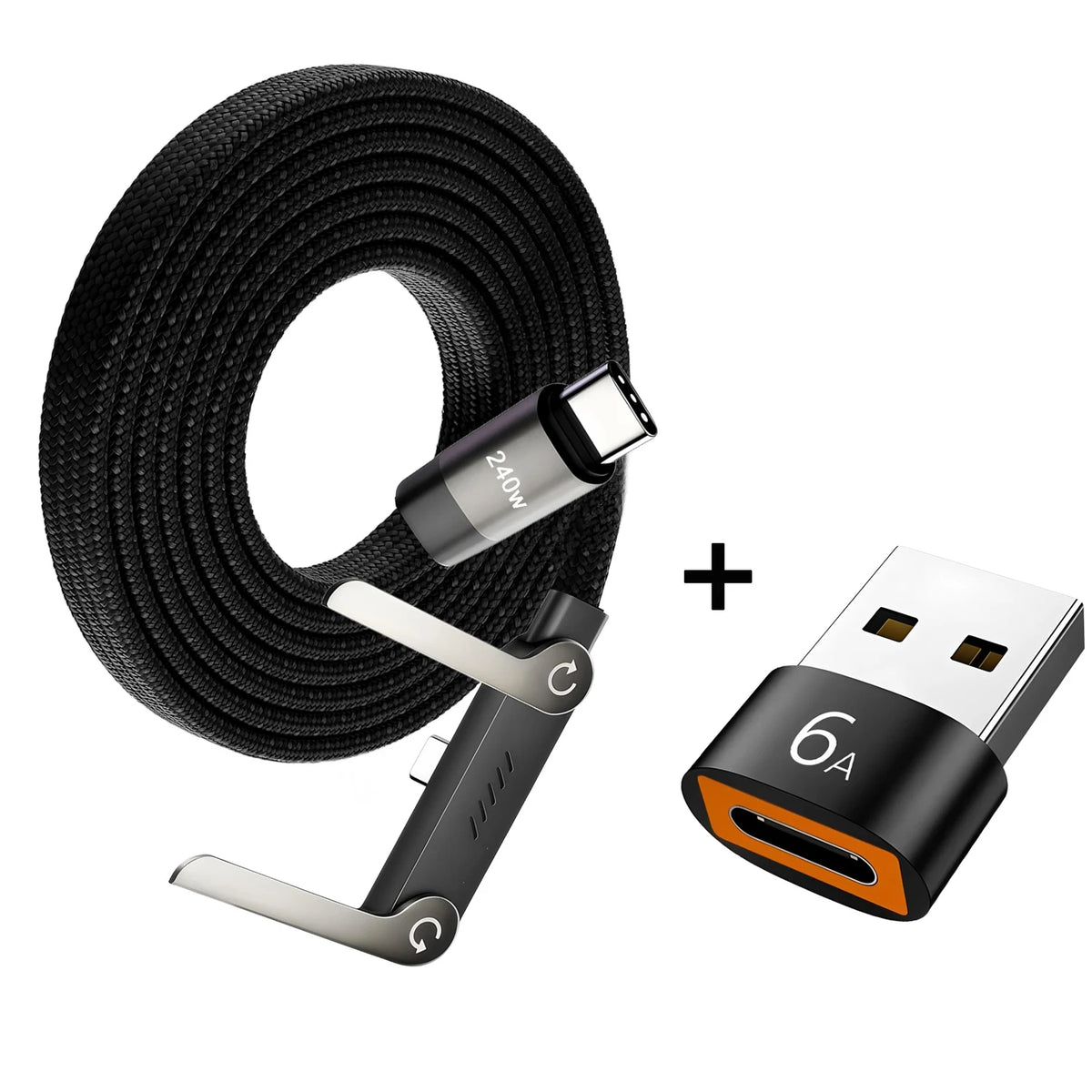 A black charging cable with a folding stand and a USB-C connector is shown next to its disassembled parts.
