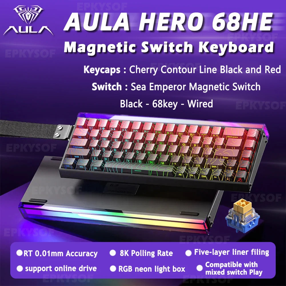 AULA HERO 68HE magnetic switch keyboard featuring cherry contour line black and red sea emperor switches