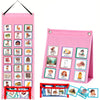 Pink storage box filled with visual schedule cards for daily routines and activities.