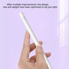 Eine Hand hält einen weißen universellen kapazitiven Stift gegen einen helllila Hintergrund.