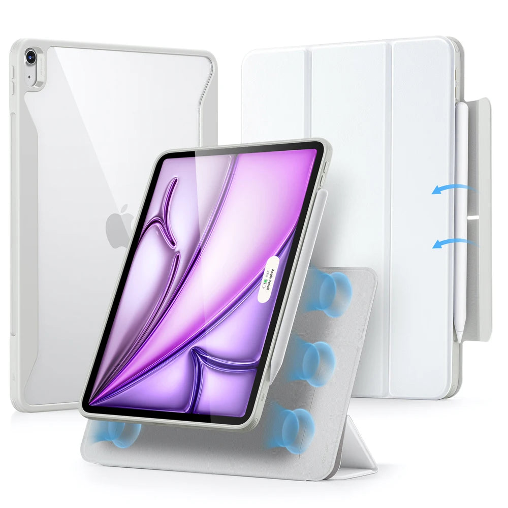 A white magnetic folio case for an iPad Air is shown alongside the tablet and a protective cover.