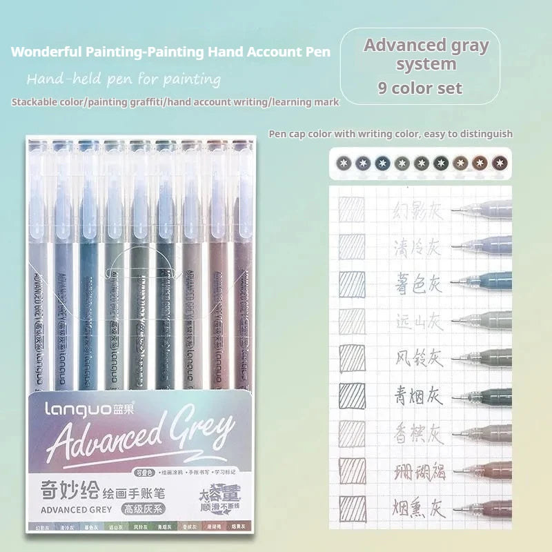 A set of advanced gray painting hand account pens with various colors and tips for art and writing