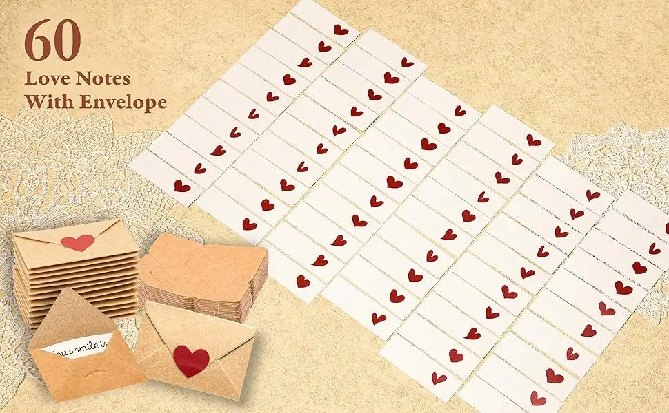 A collection of 60 blank note cards and envelopes with red hearts displayed on a light beige background.