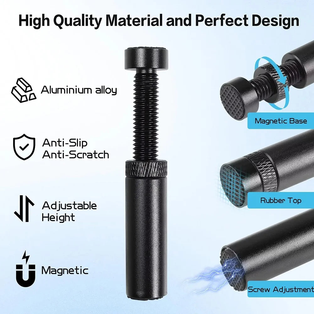A black adjustable magnetic GPU support bracket made of aluminum alloy with a rubber top and screw adjustment feature.