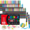 A collection of 24 colored acrylic brush markers in various tips and colors displayed in a box with paint spills.