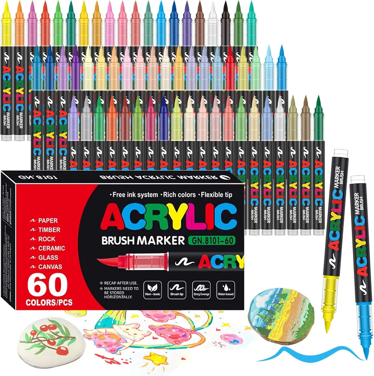 A collection of 24 colored acrylic brush markers in various tips and colors displayed in a box with paint spills.