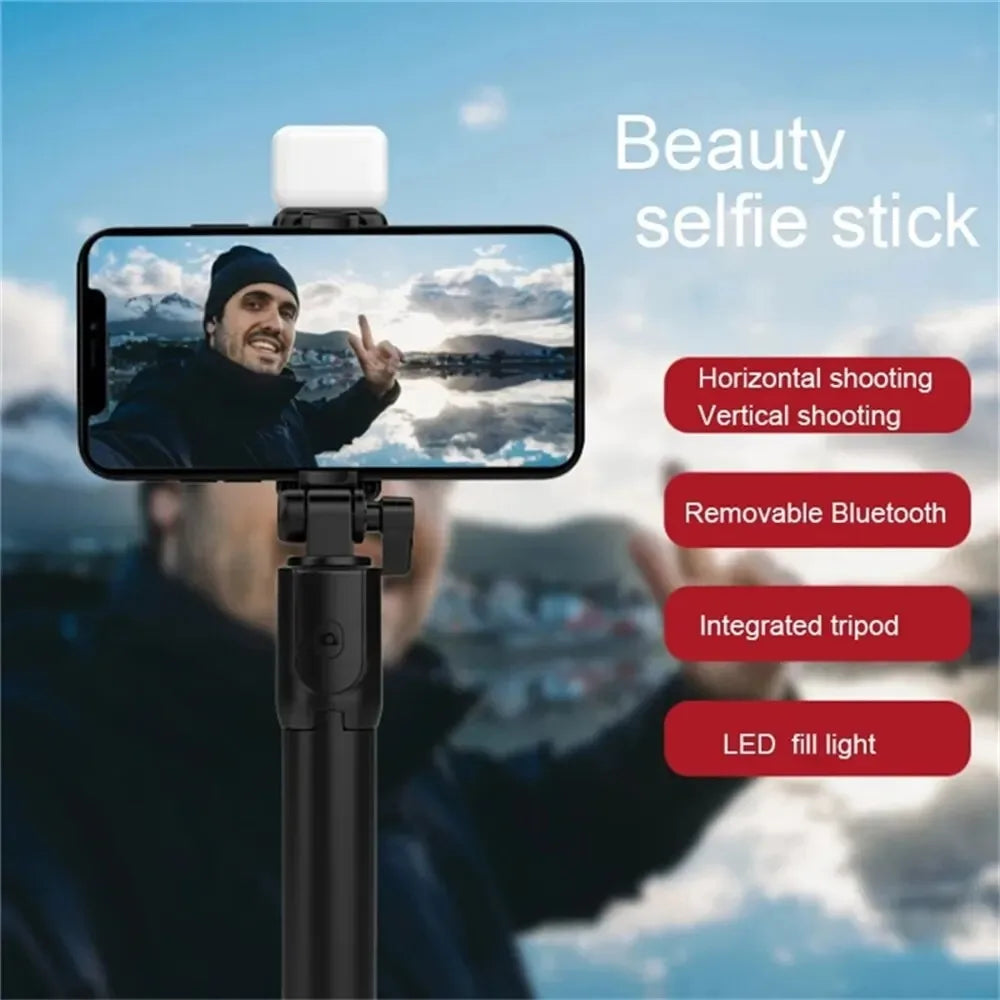 A selfie stick mounted on a smartphone, showing features like horizontal and vertical shooting options, removable Bluetooth, 
