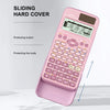 A pink sliding hard cover for an advanced scientific calculator with a protective button and body cover.