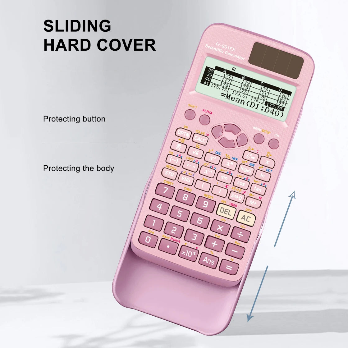 A pink sliding hard cover for an advanced scientific calculator with a protective button and body cover.