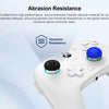 A close-up of a white gamepad showing blue silicone thumb grips designed for improved abrasion resistance.