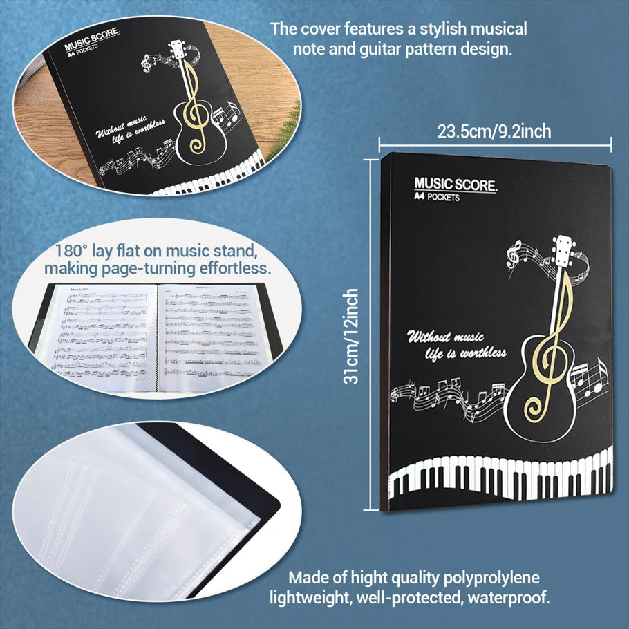 A black music score folder featuring a guitar pattern design and made of waterproof polypropylene.