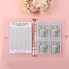 A clear plastic envelope tracker showing 100 envelopes for savings challenges with US currency.