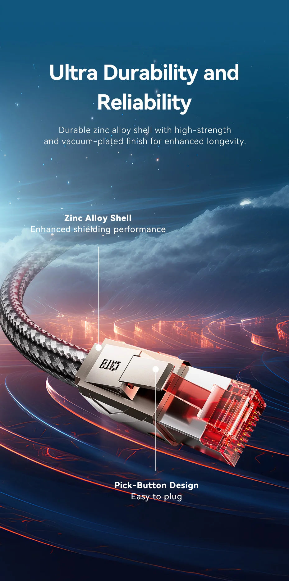 A close-up of a durable zinc alloy shield Ethernet cable with a pick-button design against a dark, futuristic background.