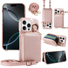 A pink PU leather phone case featuring a built-in wallet and card slots, shown with various accessories.