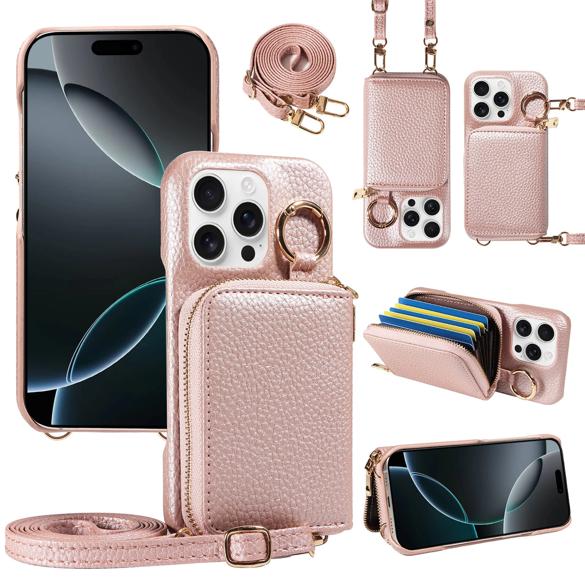 A pink PU leather phone case featuring a built-in wallet and card slots, shown with various accessories.