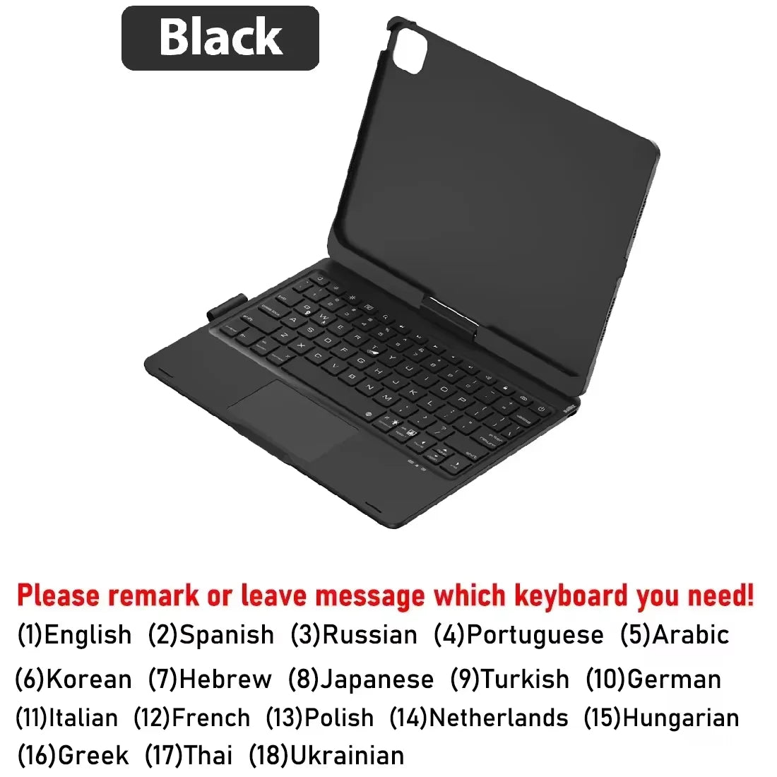 Black backlit keyboard case for an iPad, showing the keyboard and display area.