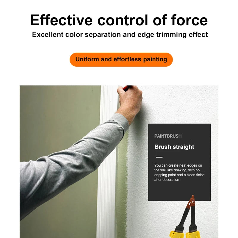 A hand using a paint brush to apply paint on a white wall, demonstrating effective control of force and edge trimming.