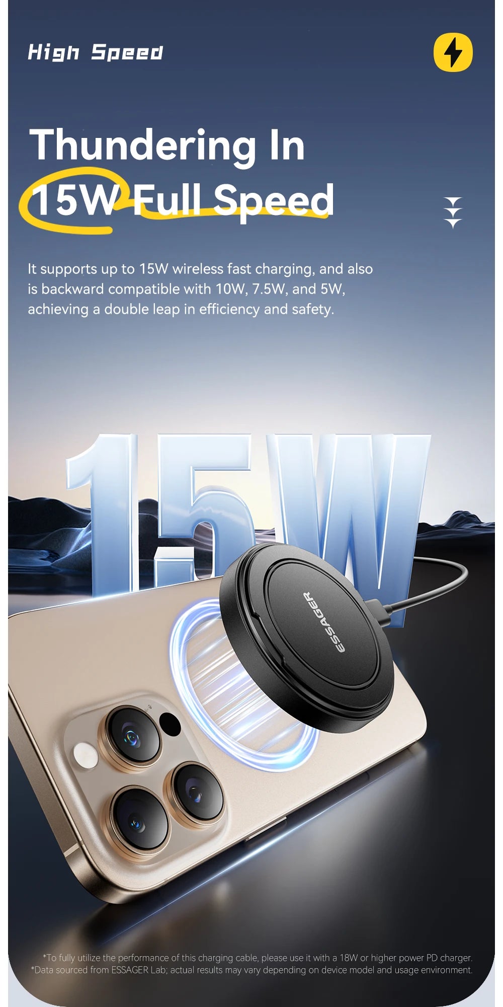 A close-up of a gold wireless charging pad with a magnetic stand, demonstrating 15W fast charging capability.