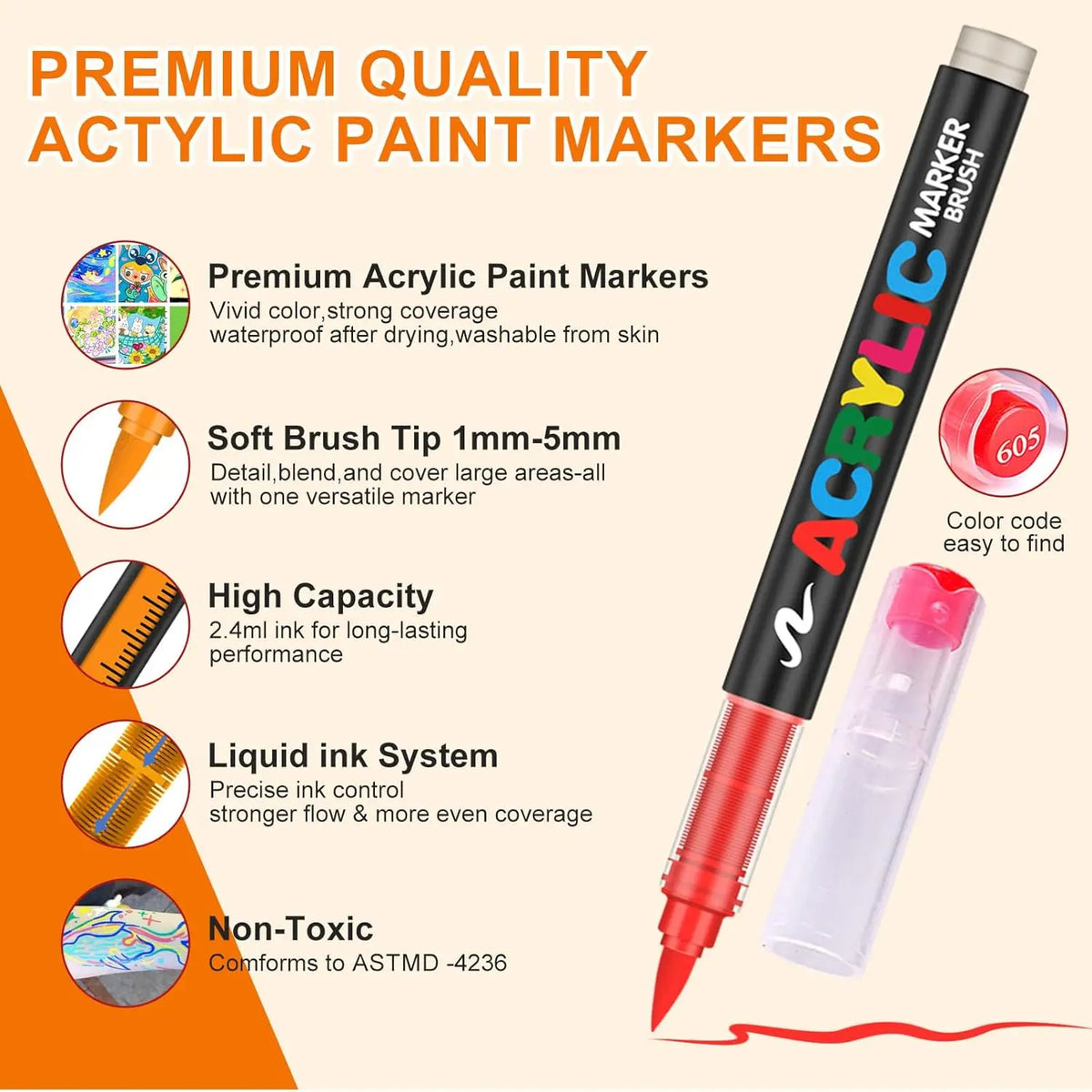 A set of premium acrylic paint markers featuring soft brush tips and liquid ink for detailed art and crafts.