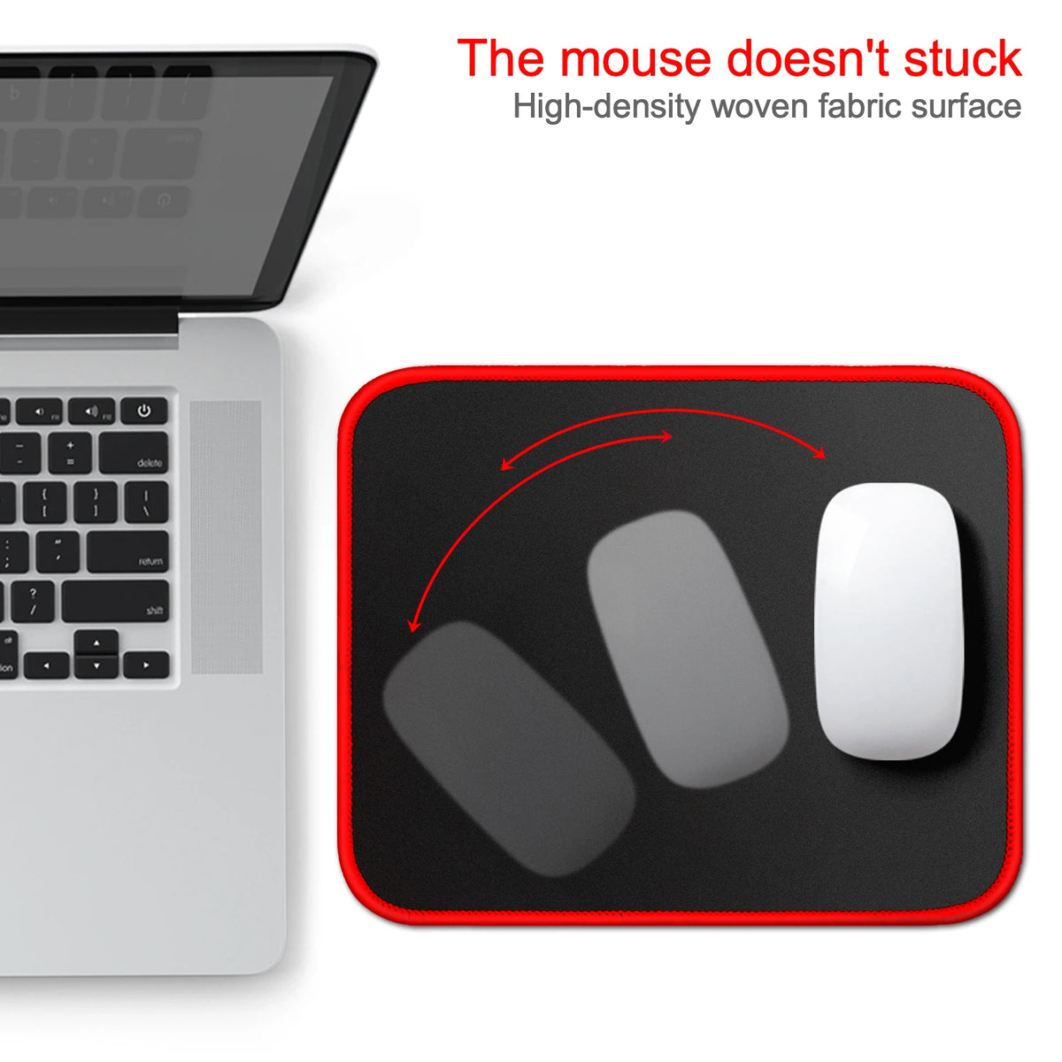 A black mouse pad with a red stitched edge is shown next to a silver laptop, demonstrating a mouse movement.