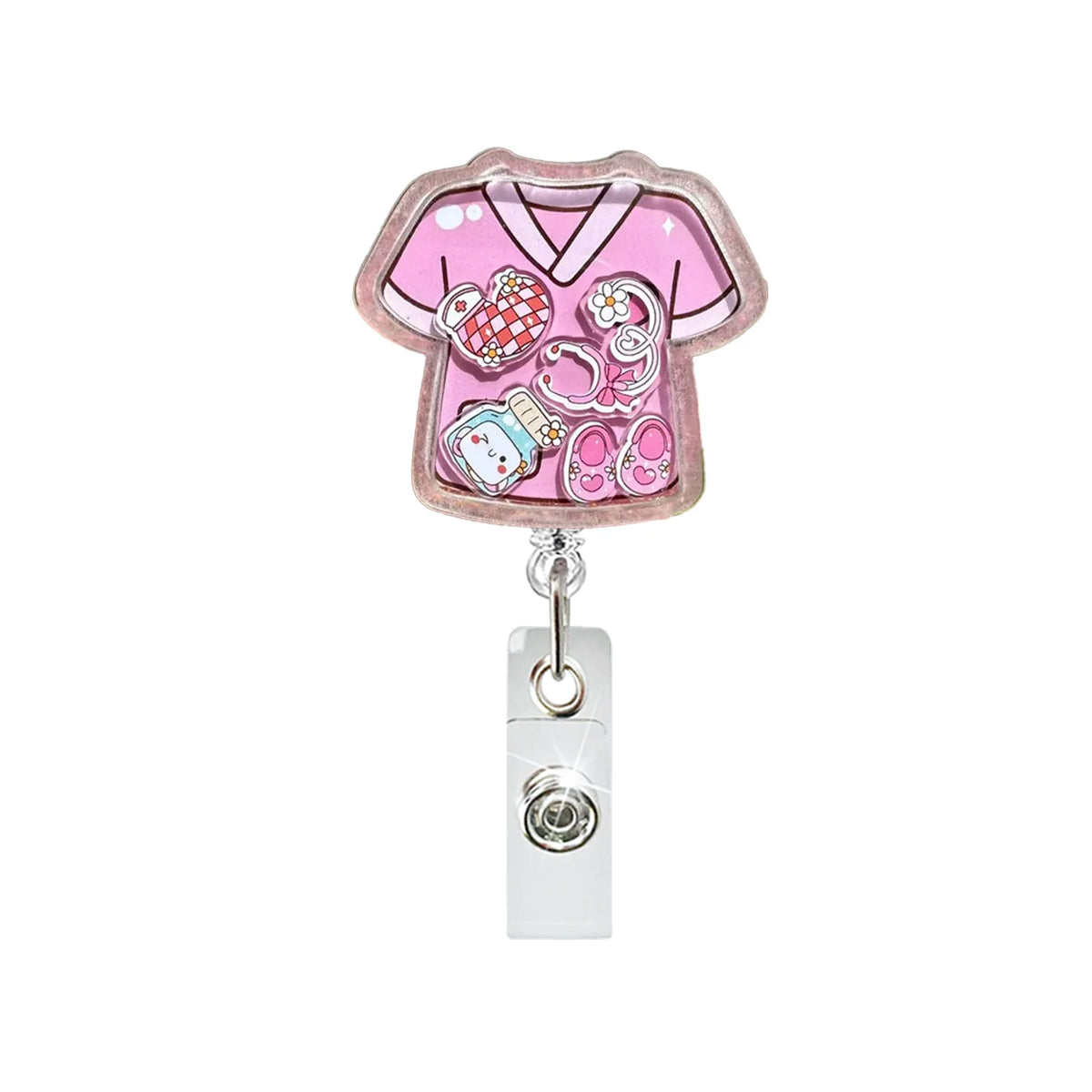 A pink anime large intestine badge reel featuring a cute character design.
