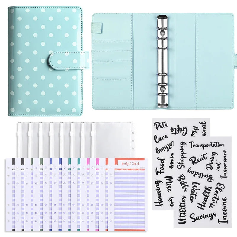 A light mint green reusable PU leather binder with clear pockets and a matching set of organized sheets.