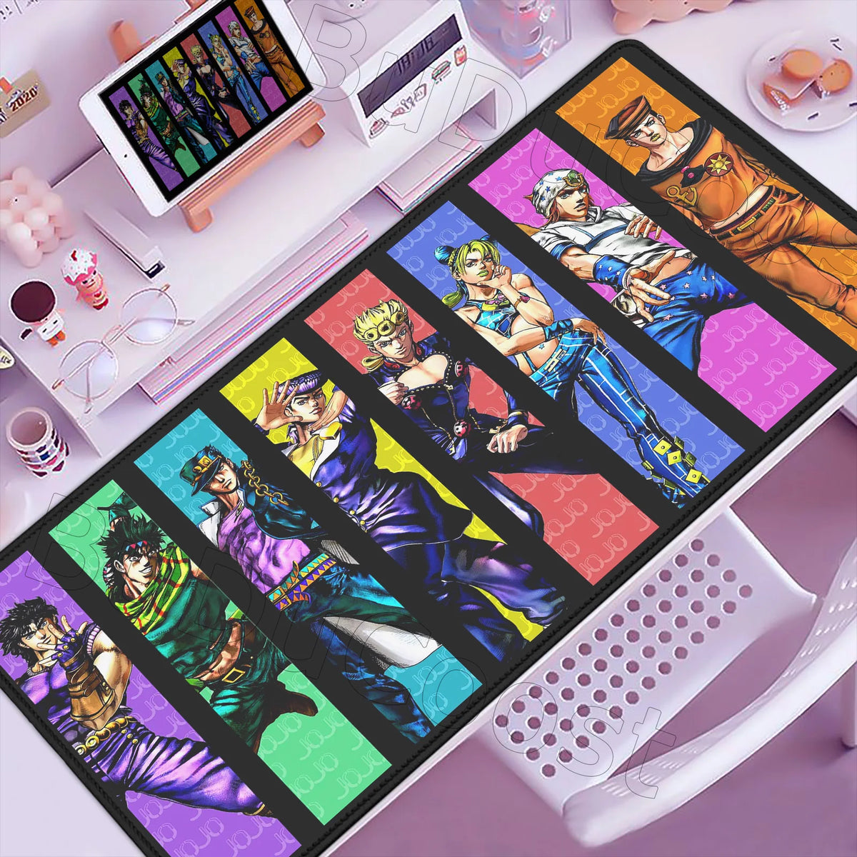 Anime-inspired XXL gaming mouse pad featuring colorful characters and a non-slip rubber base