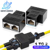 A black RJ45 coupler adapter is shown in various forms, including a box and a connector cable.