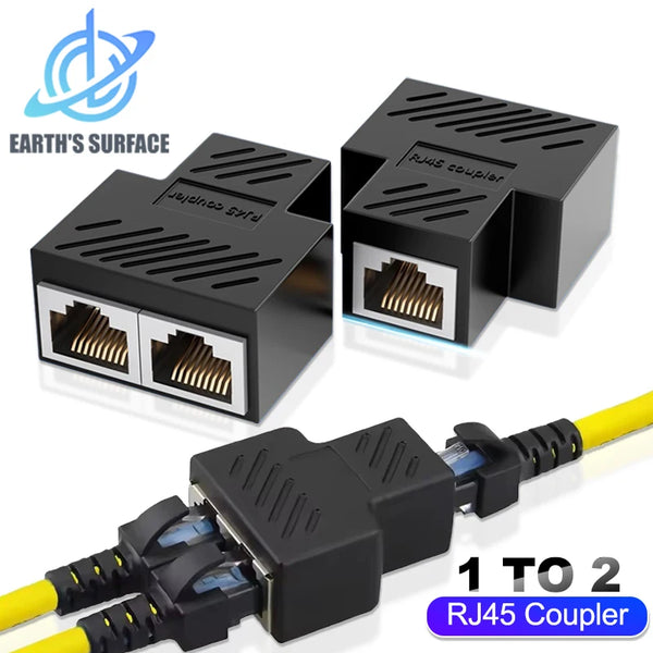 A black RJ45 coupler adapter is shown in various forms, including a box and a connector cable.