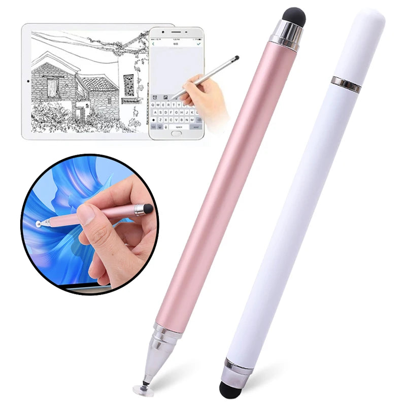A pink and white dual-tip capacitive stylus pen shown next to a tablet screen and a smartphone.