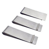 Three silver ultra-thin stainless steel money clips displayed diagonally against a white background.