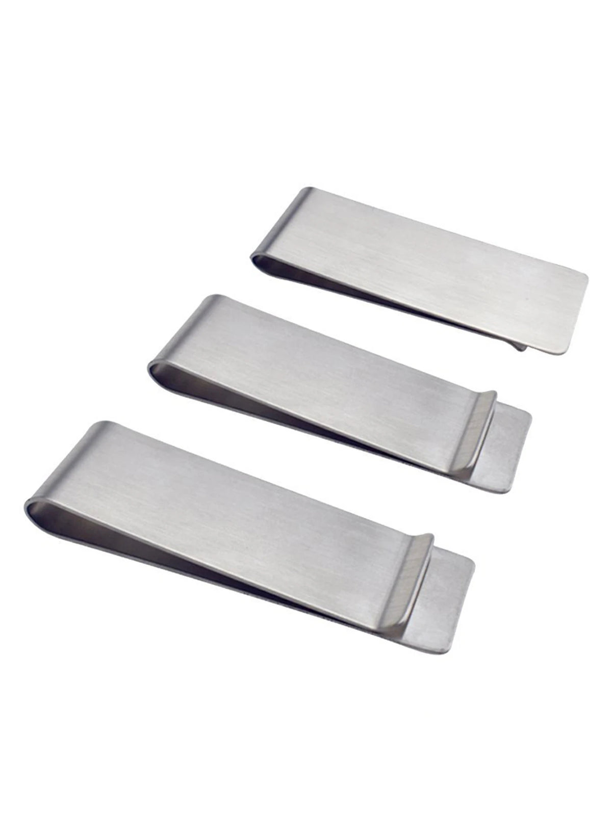 Three silver ultra-thin stainless steel money clips displayed diagonally against a white background.
