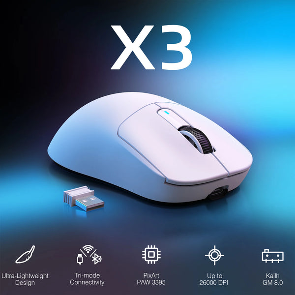 White X3 wireless gaming mouse with a detachable cable shown on a blue background.