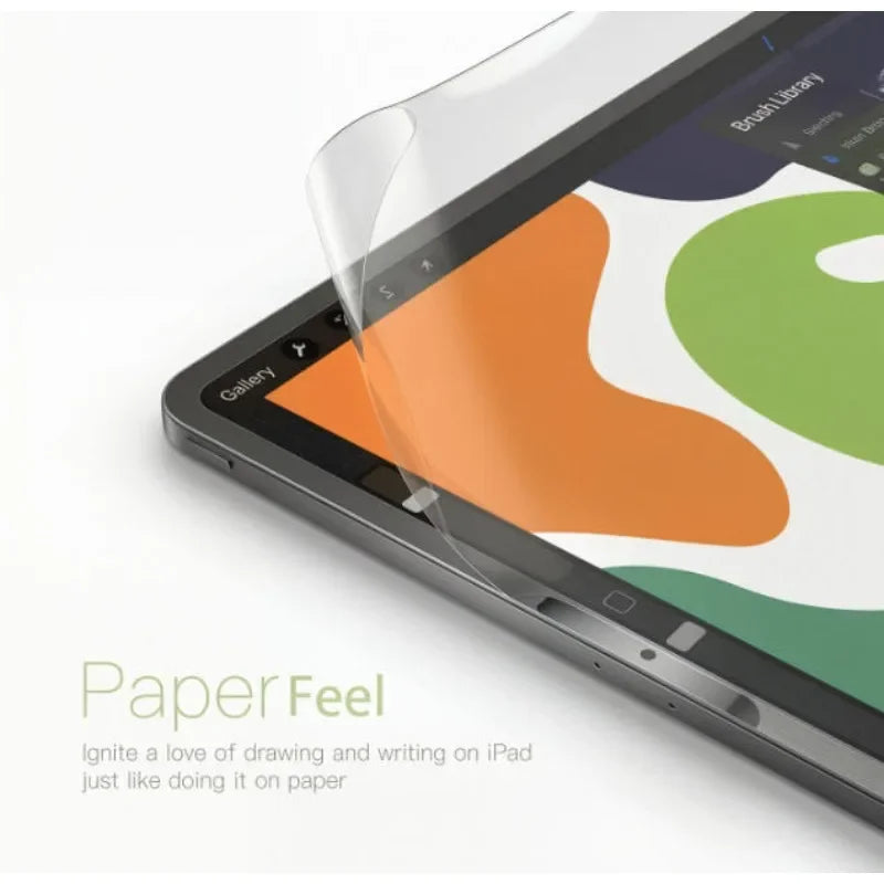 A clear matte screen protector is shown on an iPad displaying a colorful background.