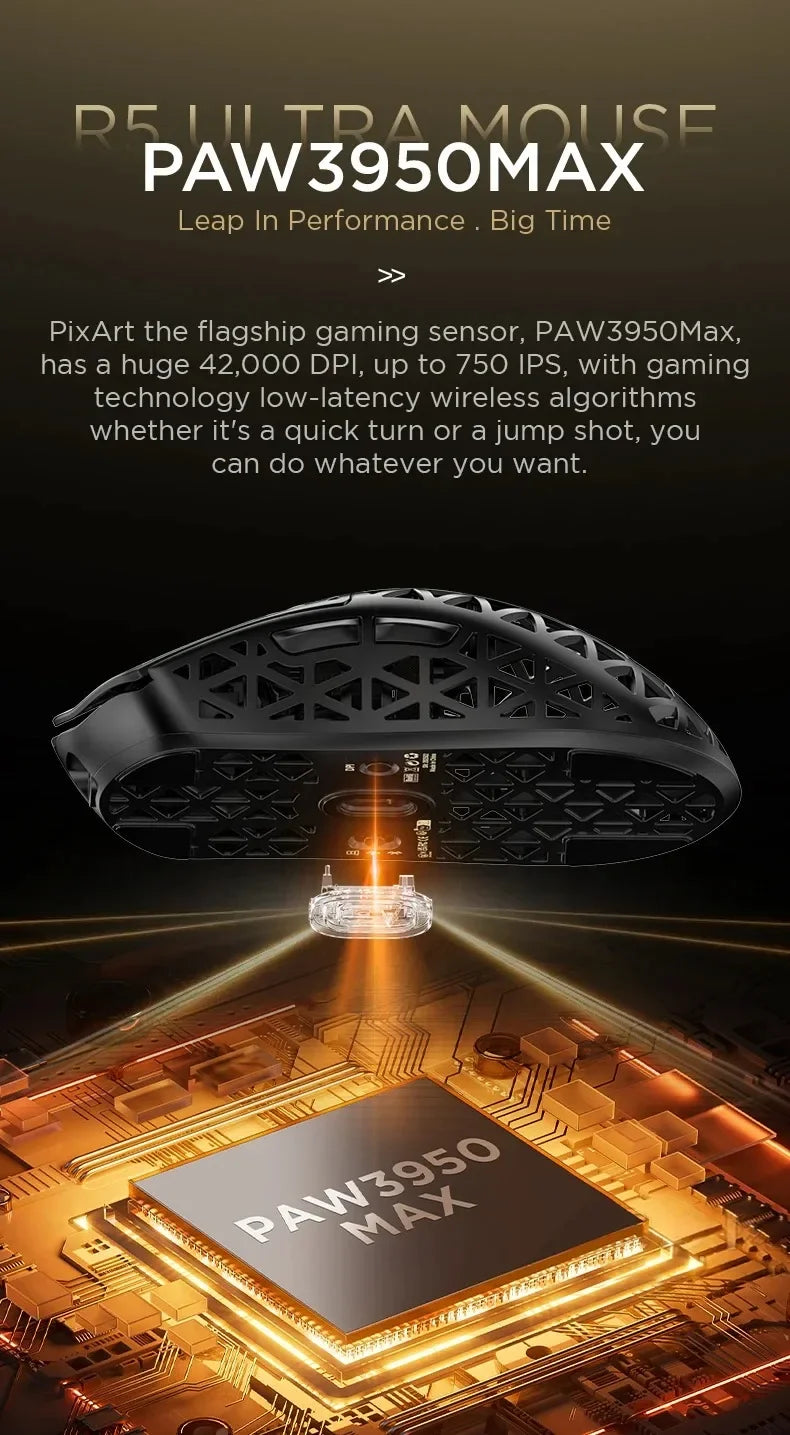 Close-up view of the PAW3950MAX gaming sensor mounted on a circuit board.