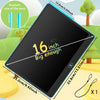 A black 16 inch LCD writing tablet is shown with a stylus and charging cable, set against a green outdoor background.