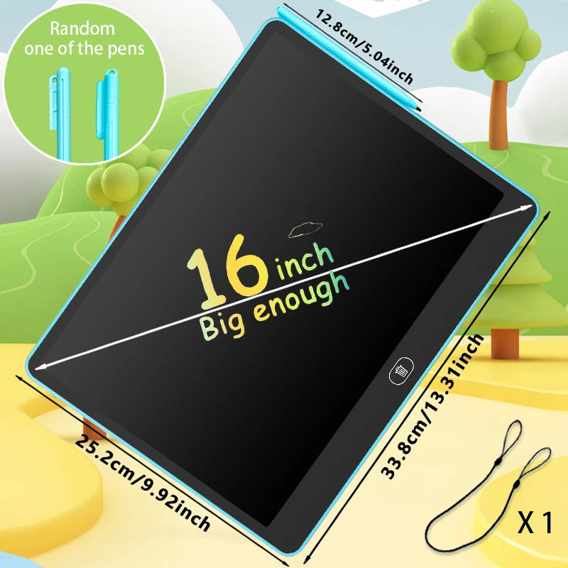 A black 16 inch LCD writing tablet is shown with a stylus and charging cable, set against a green outdoor background.