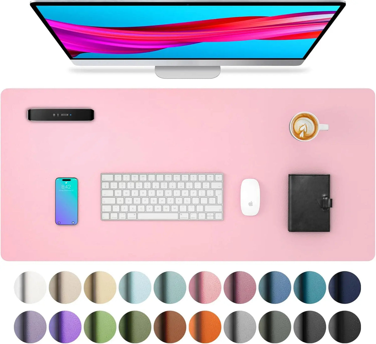 A pink desk mat featuring a laptop, keyboard, mouse, and a monitor, surrounded by various colored circles.