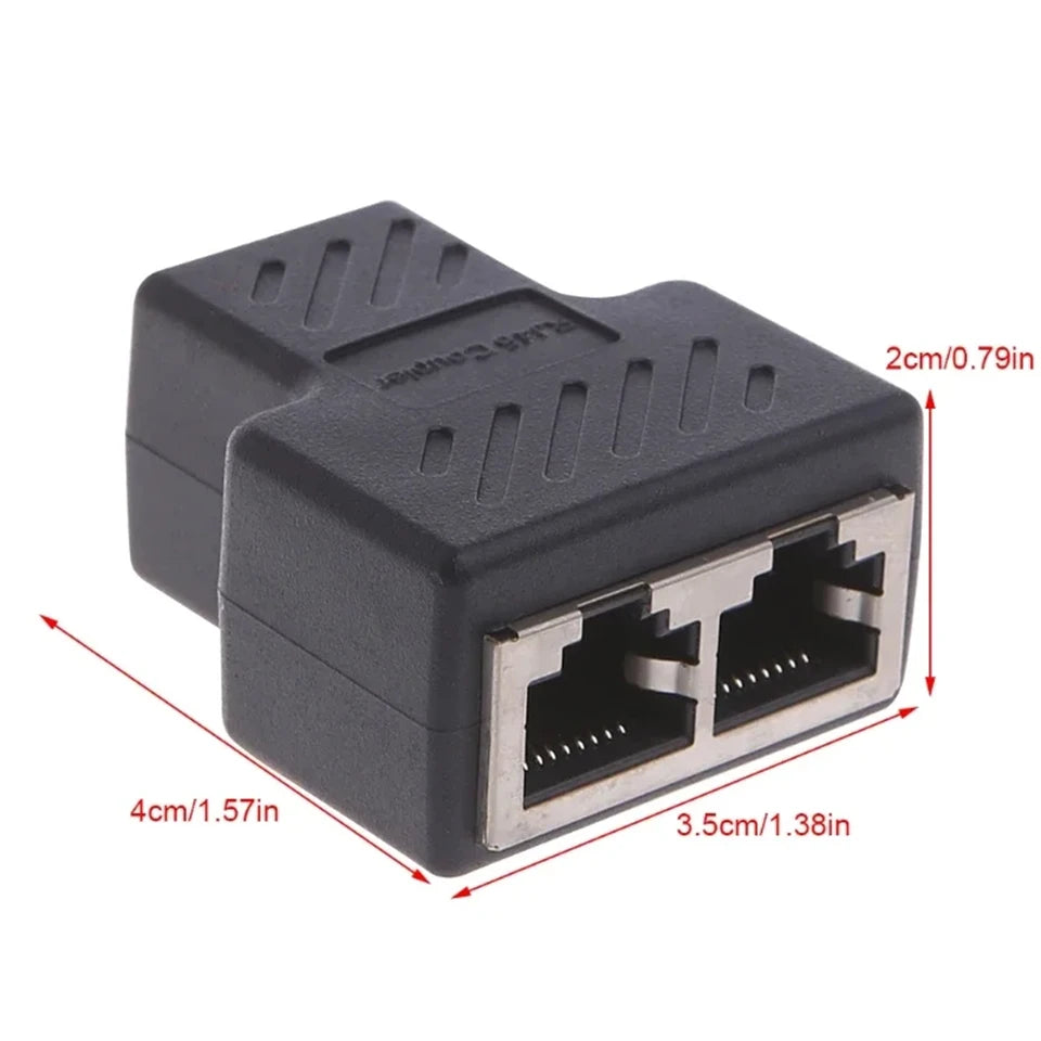 Black dual RJ45 Ethernet coupler adapter with female connectors and dimensions listed.