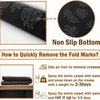 Image showing a non-slip bottom rug with fold marks and instructions on how to remove them using an iron or by spraying water