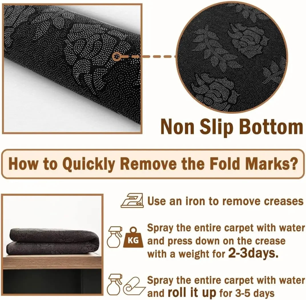 Image showing a non-slip bottom rug with fold marks and instructions on how to remove them using an iron or by spraying water