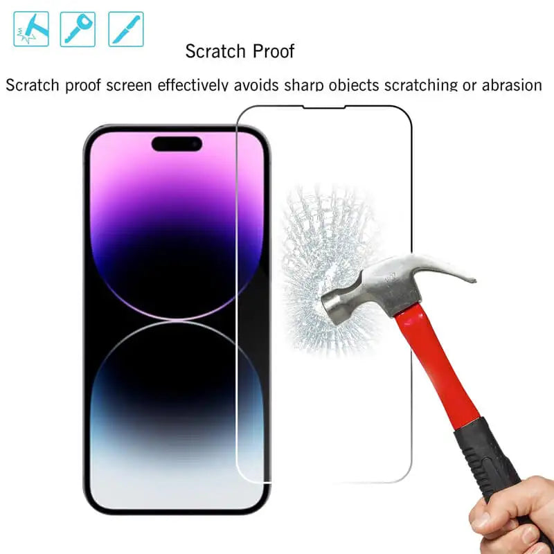 A smartphone screen protector demonstrating scratch proofing against a hammer.