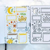 A reusable journal stencil set featuring various decorative patterns and shapes for scrapbooking and drawing.