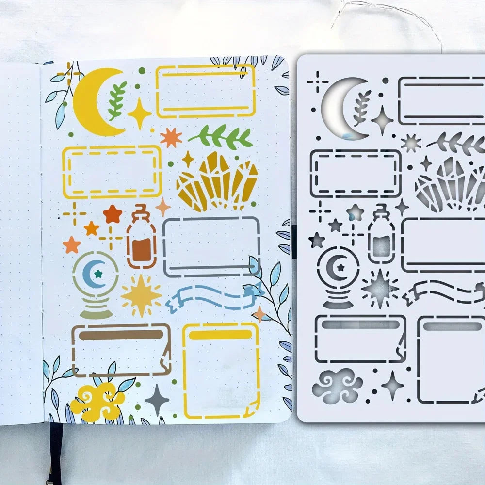 A reusable journal stencil set featuring various decorative patterns and shapes for scrapbooking and drawing.